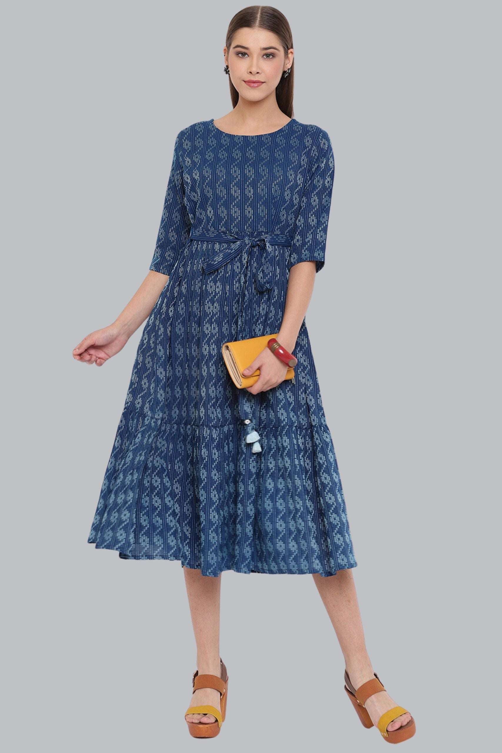 Blue Cotton Woven Flared Western Dress - Style Like A Diva