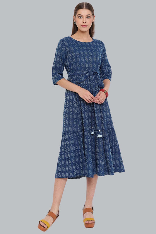 Blue Cotton Woven Flared Western Dress - Style Like A Diva