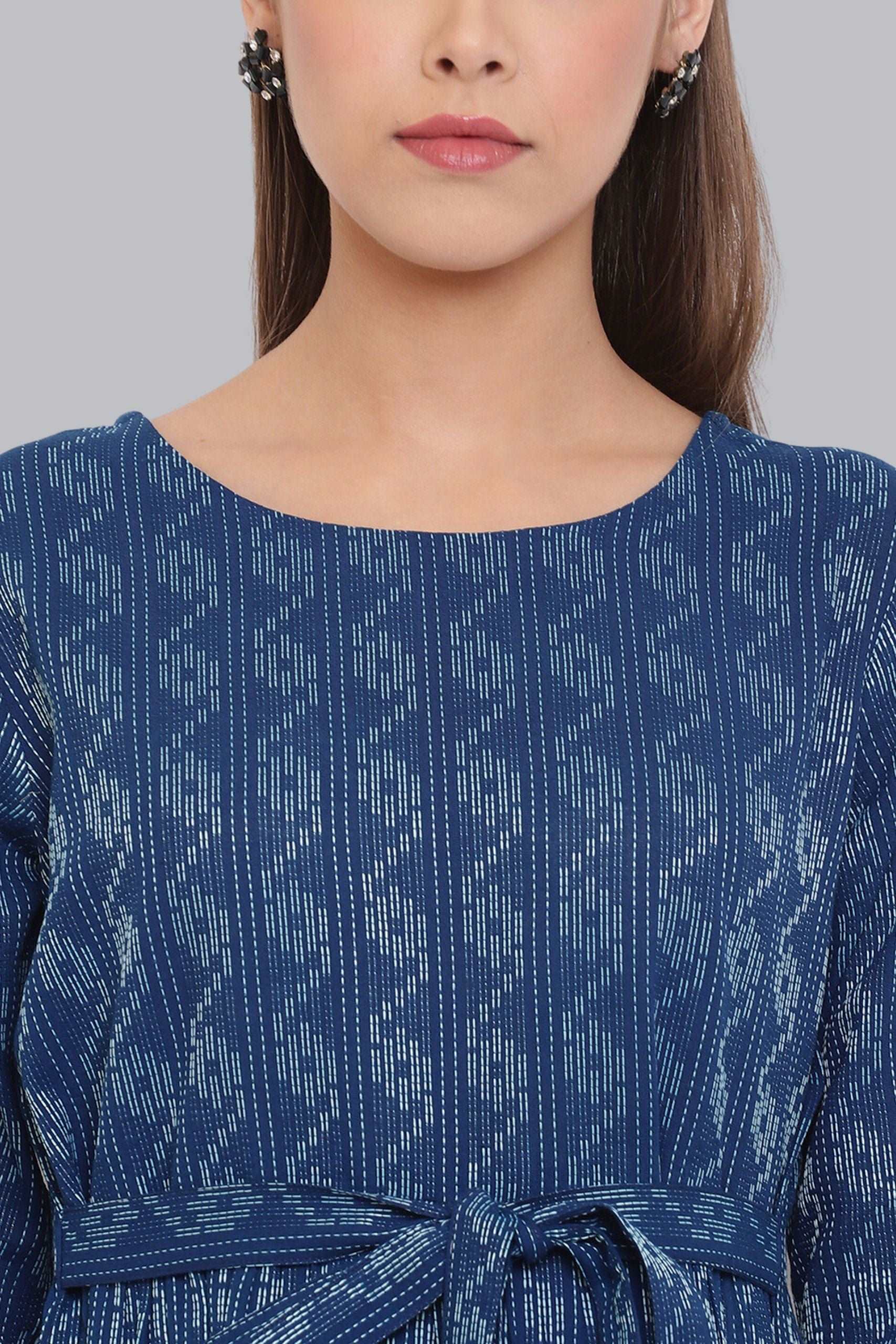 Blue Cotton Woven Flared Western Dress - Style Like A Diva