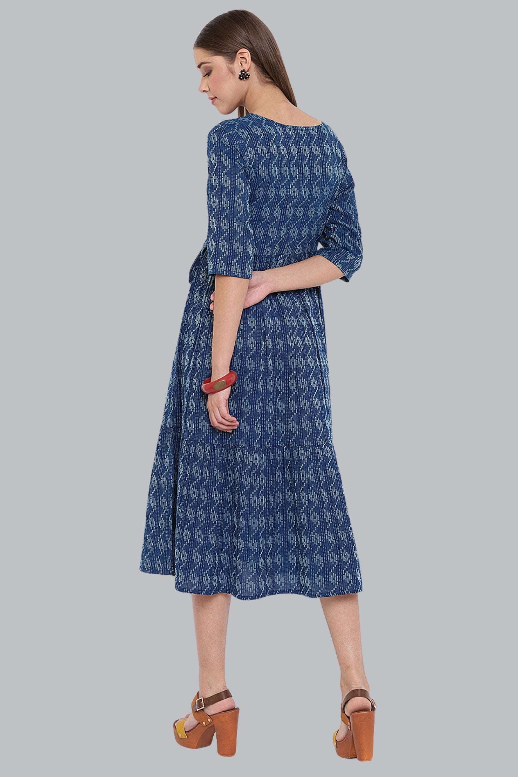 Blue Cotton Woven Flared Western Dress - Style Like A Diva