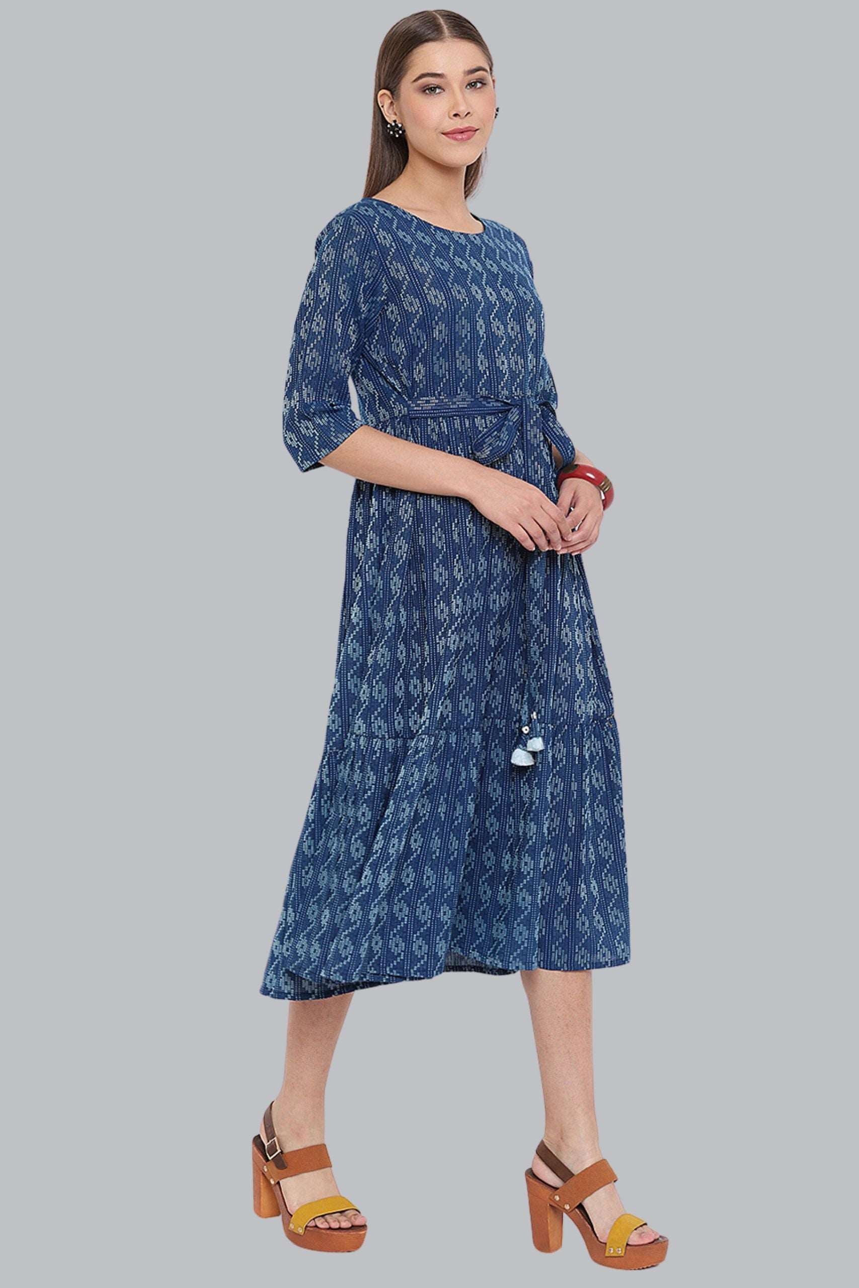 Blue Cotton Woven Flared Western Dress - Style Like A Diva