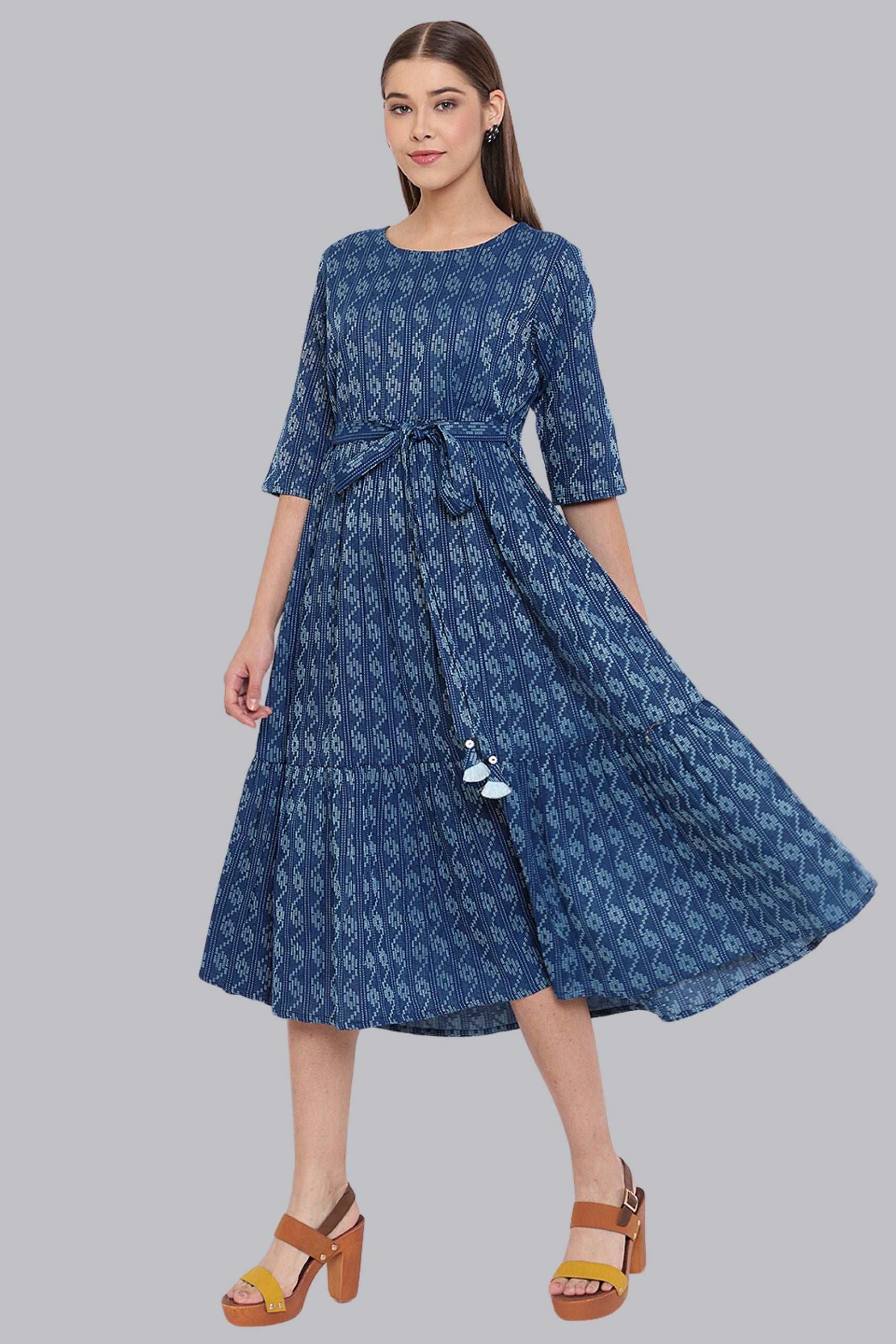 Blue Cotton Woven Flared Western Dress - Style Like A Diva