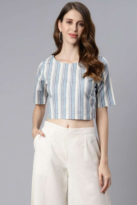 Blue Stripe Cotton Flex Striped Crop Top With Palazzo - Style Like A Diva