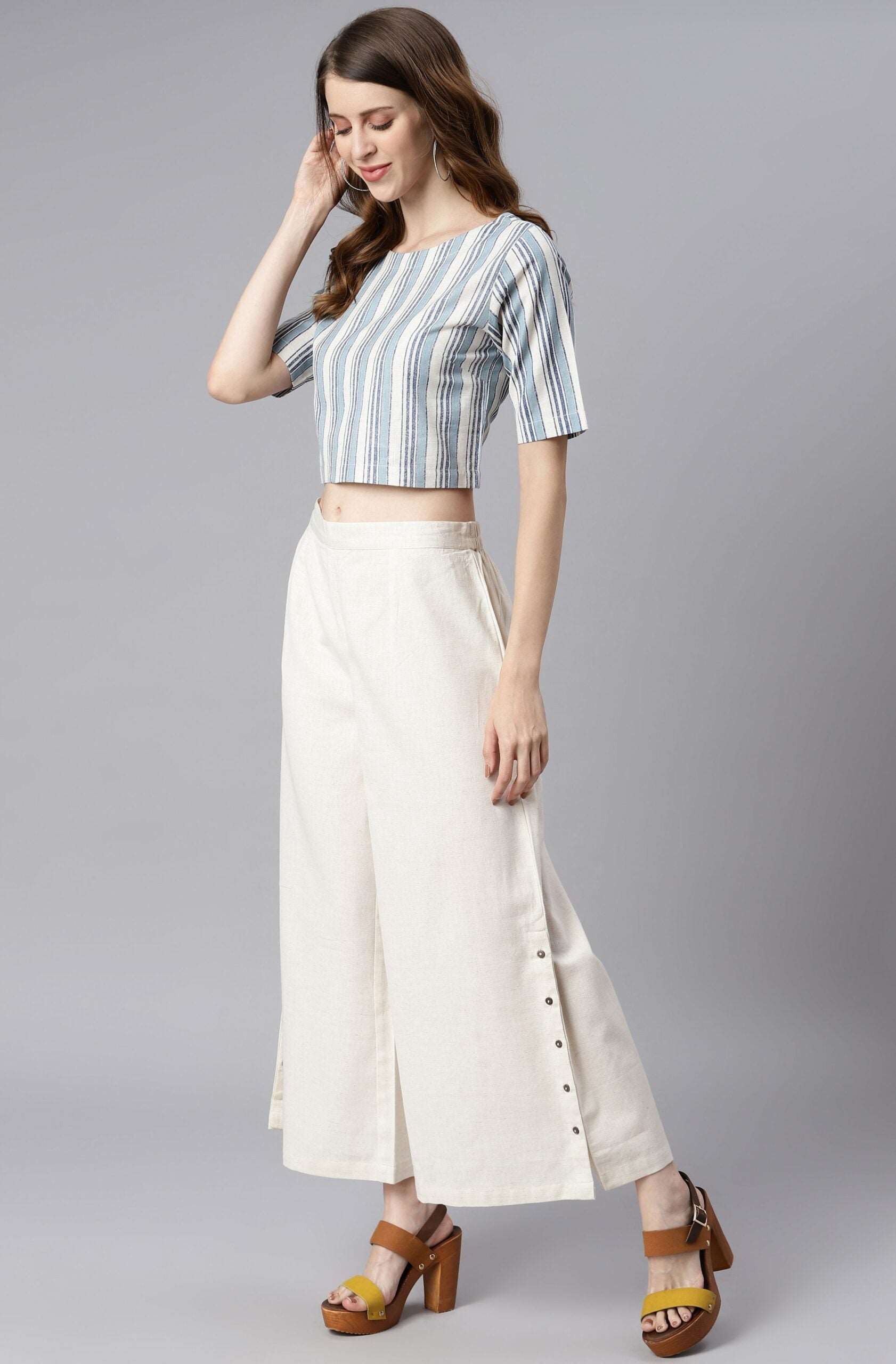 Blue Stripe Cotton Flex Striped Crop Top With Palazzo - Style Like A Diva