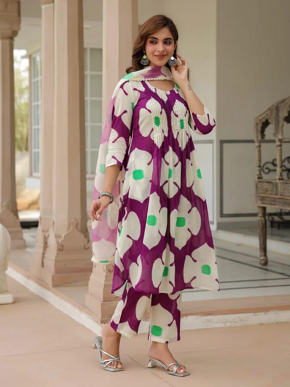 purple and white floral print suit set