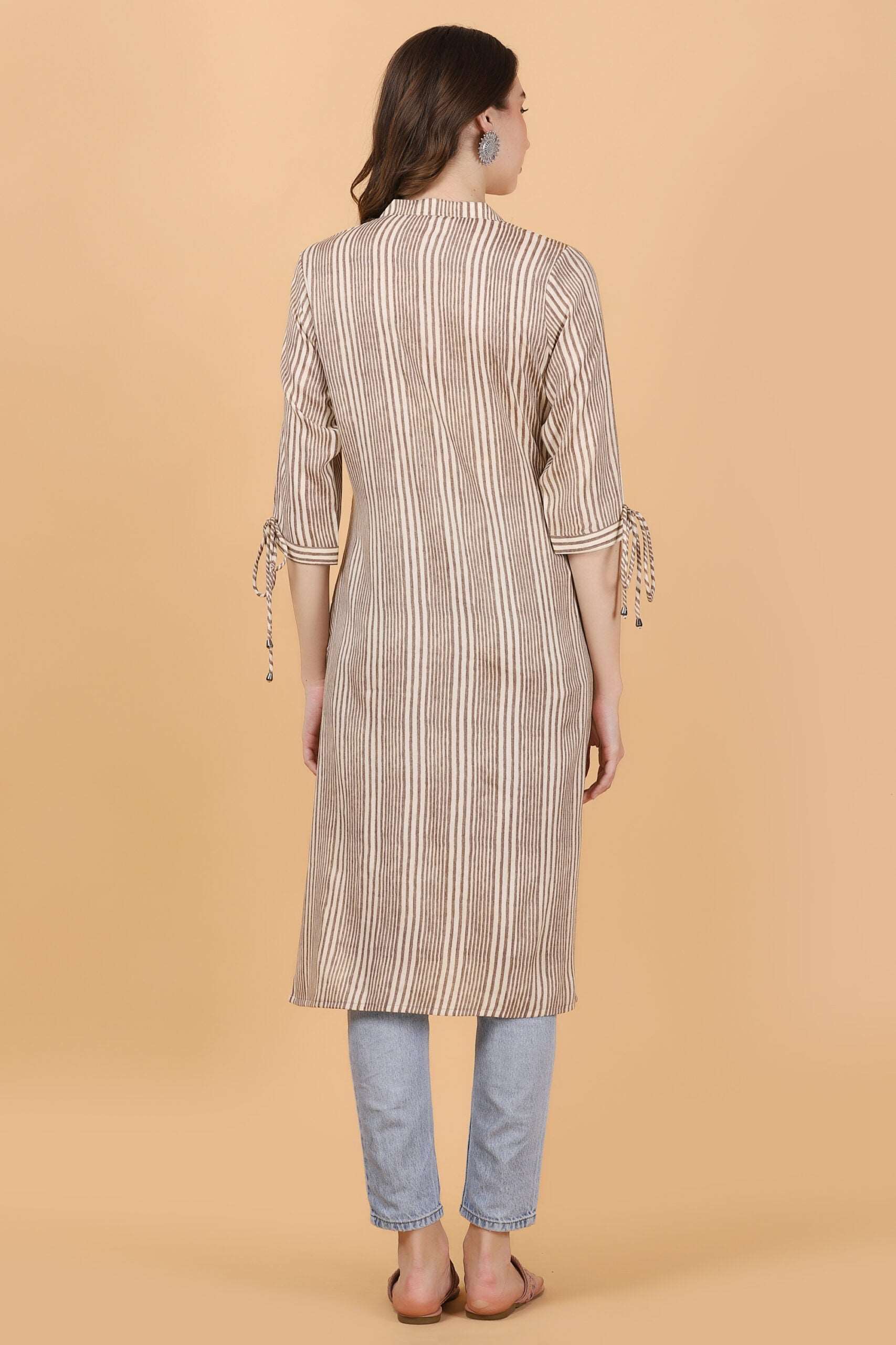 Cream and brown stripes cotton viscose kurti - Style Like A Diva