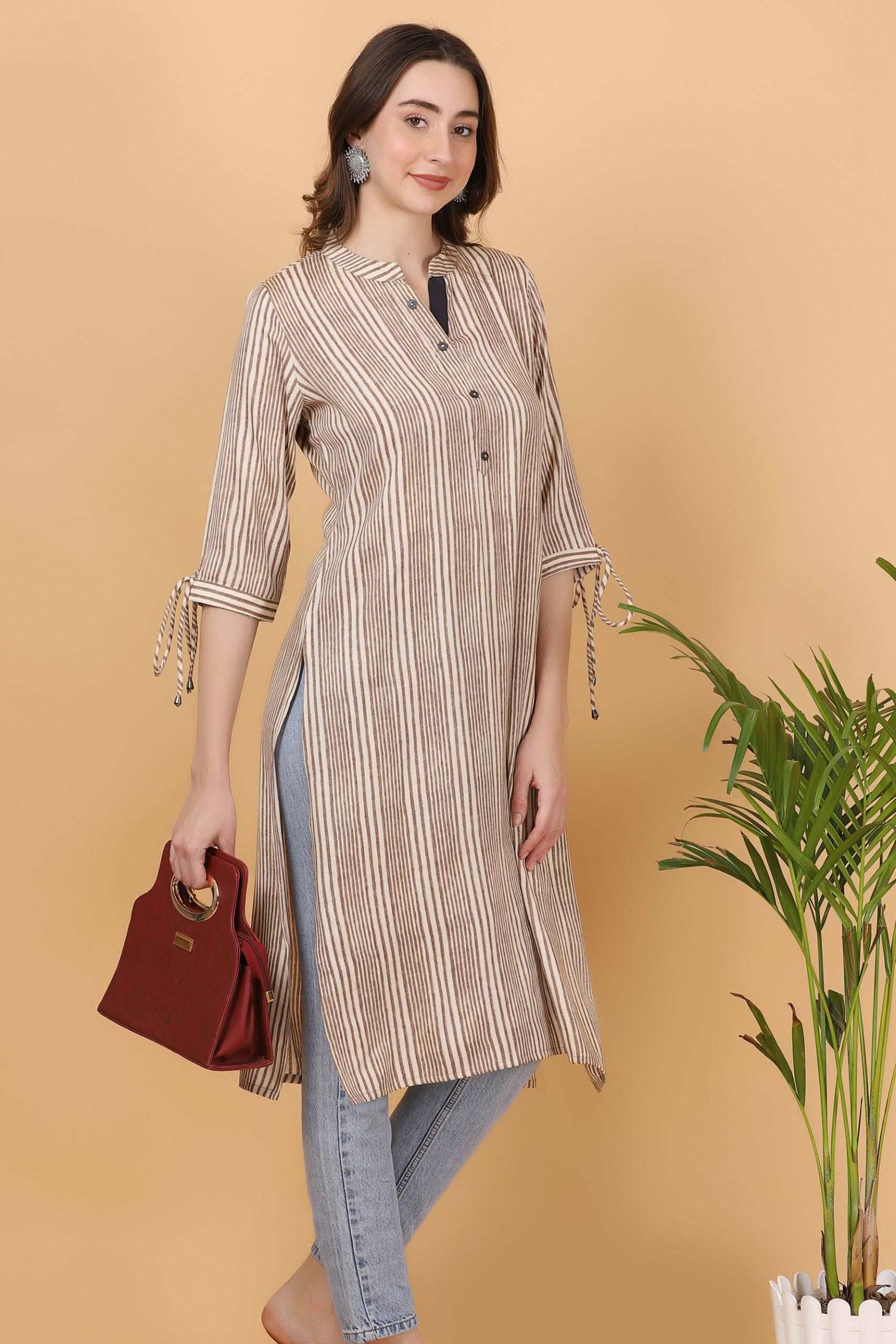 Cream and brown stripes cotton viscose kurti - Style Like A Diva