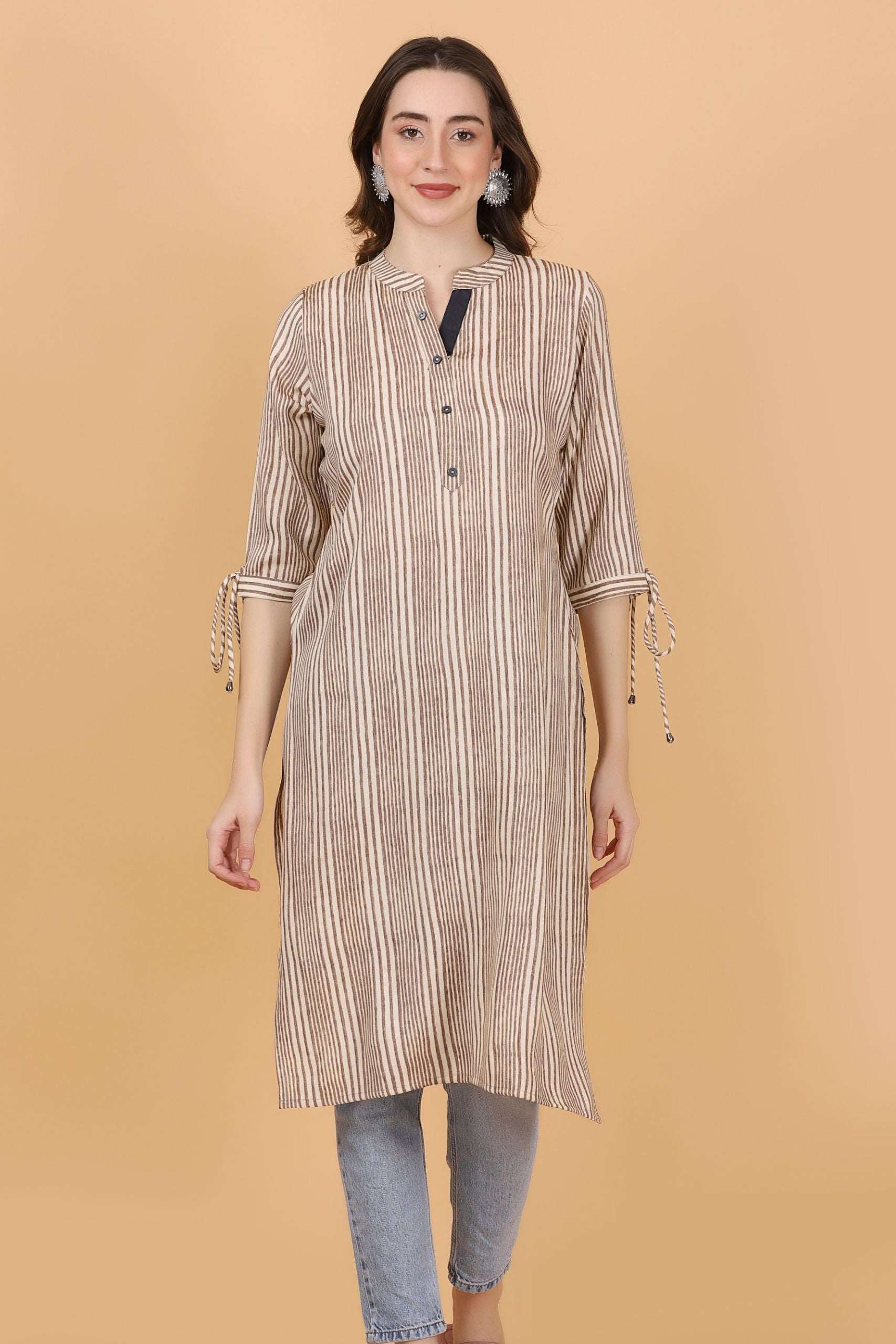 Cream and brown stripes cotton viscose kurti - Style Like A Diva