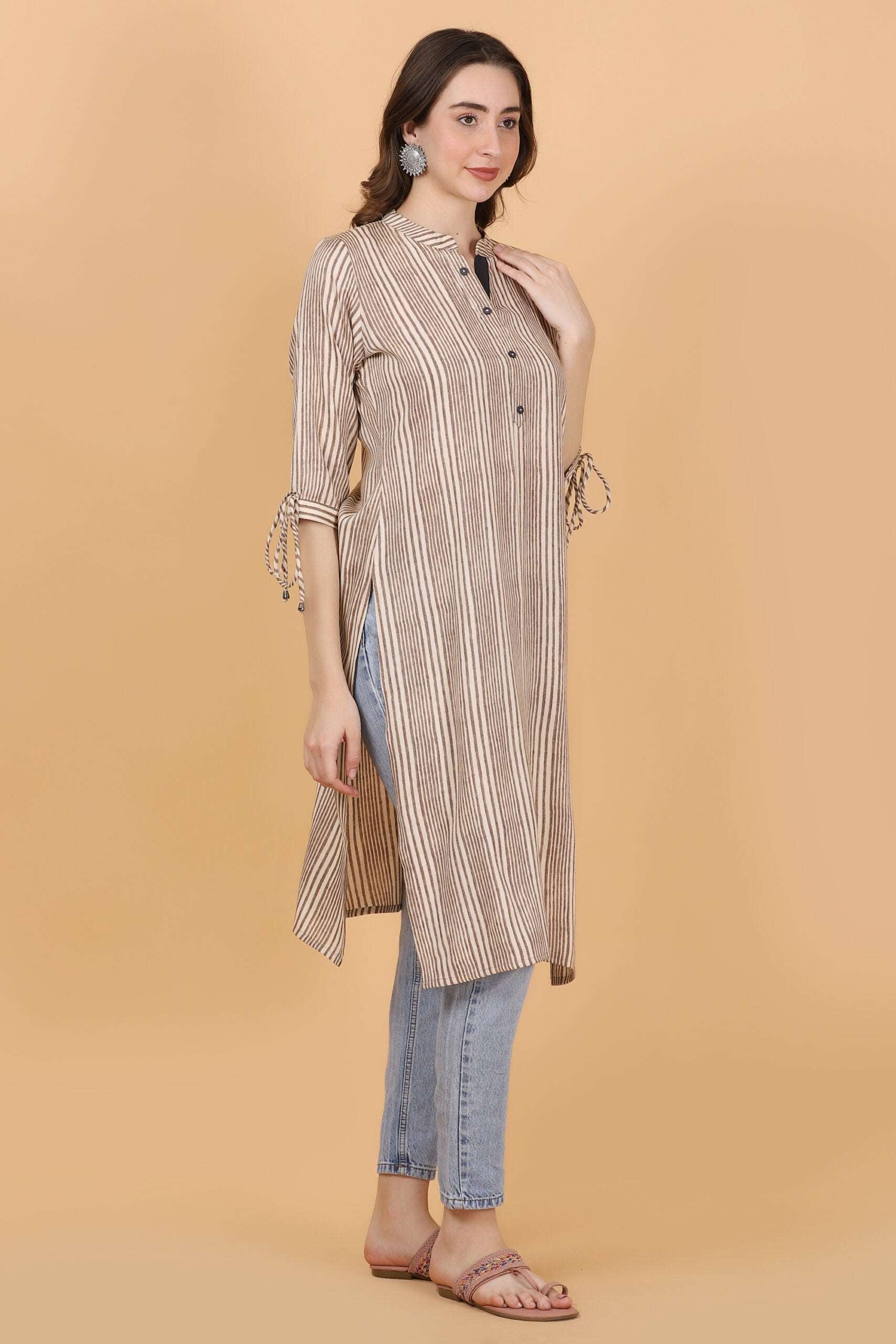 Cream and brown stripes cotton viscose kurti - Style Like A Diva