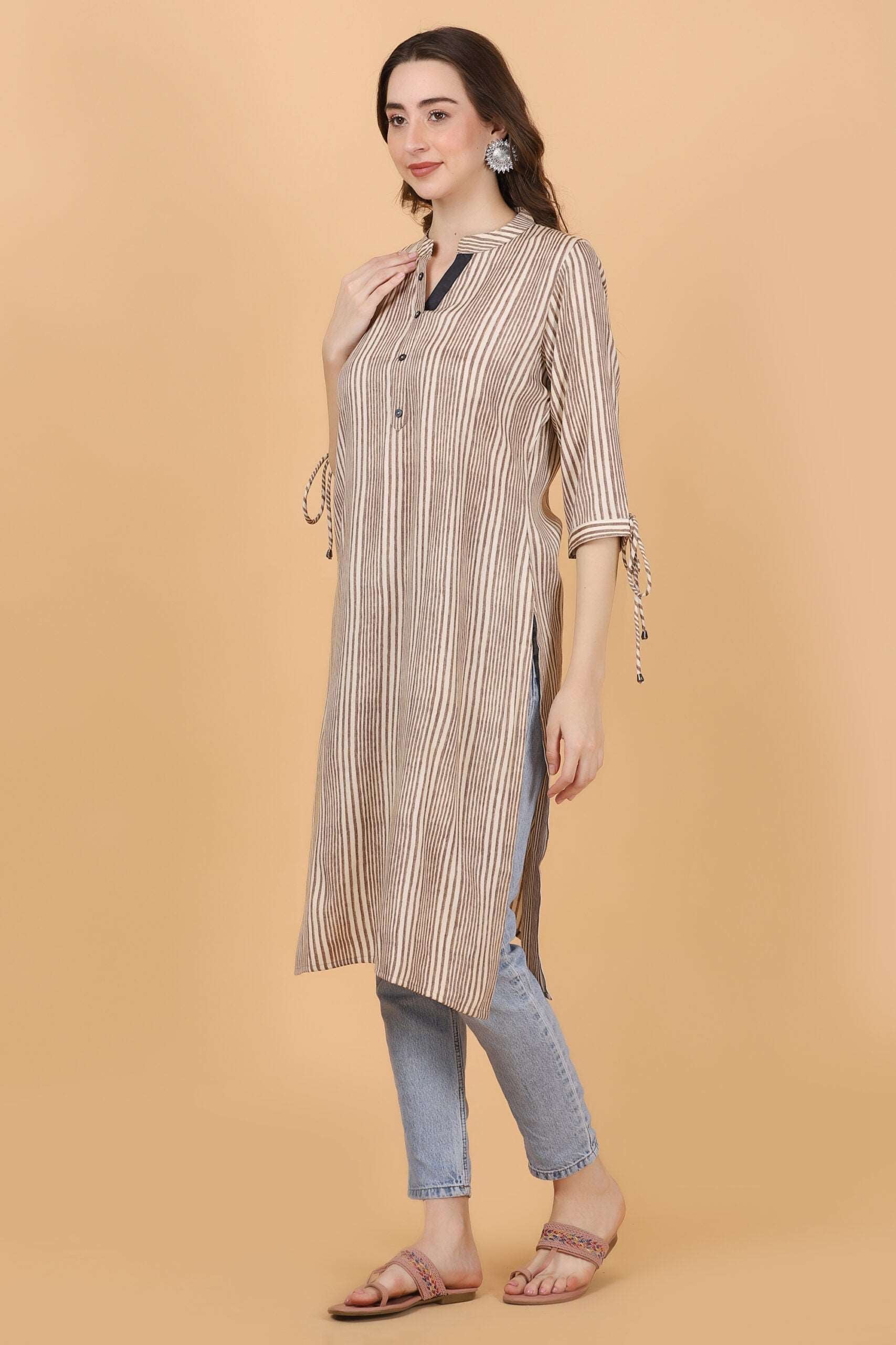 Cream and brown stripes cotton viscose kurti - Style Like A Diva