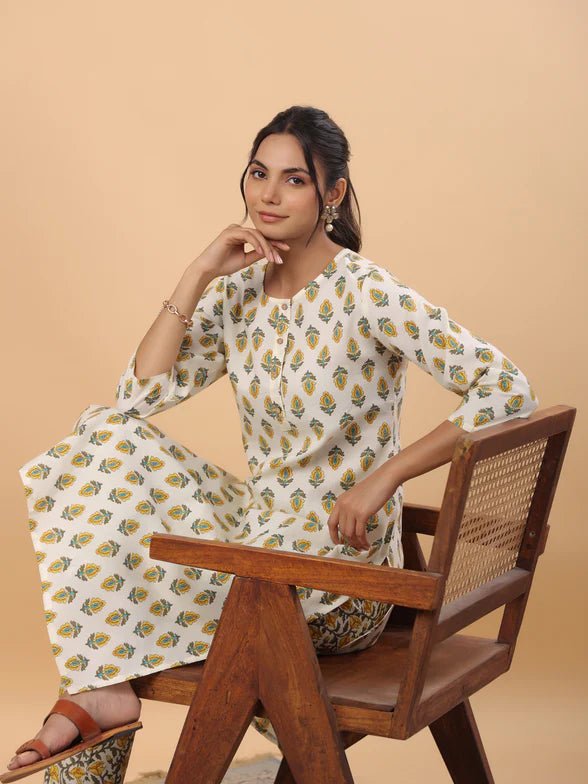 Cream Cotton Blend Ethnic Motifs - Style Like A Diva