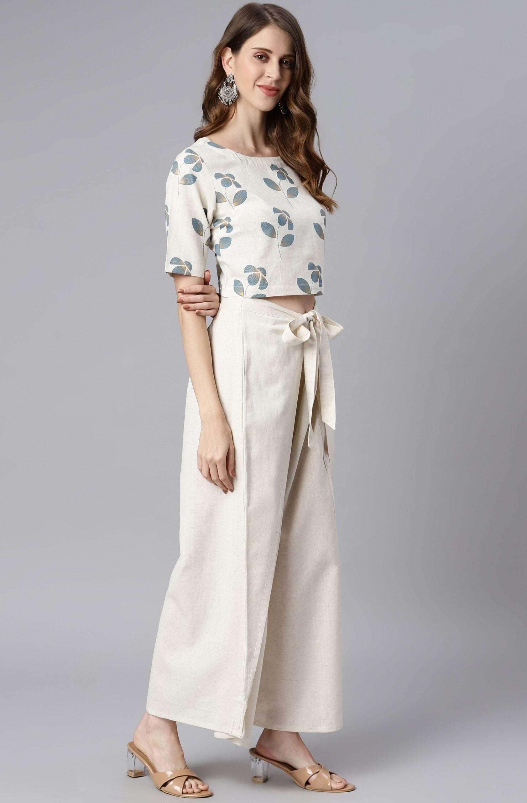 Cream Cotton Flex Floral Print Crop Top With Palazzo - Style Like A Diva