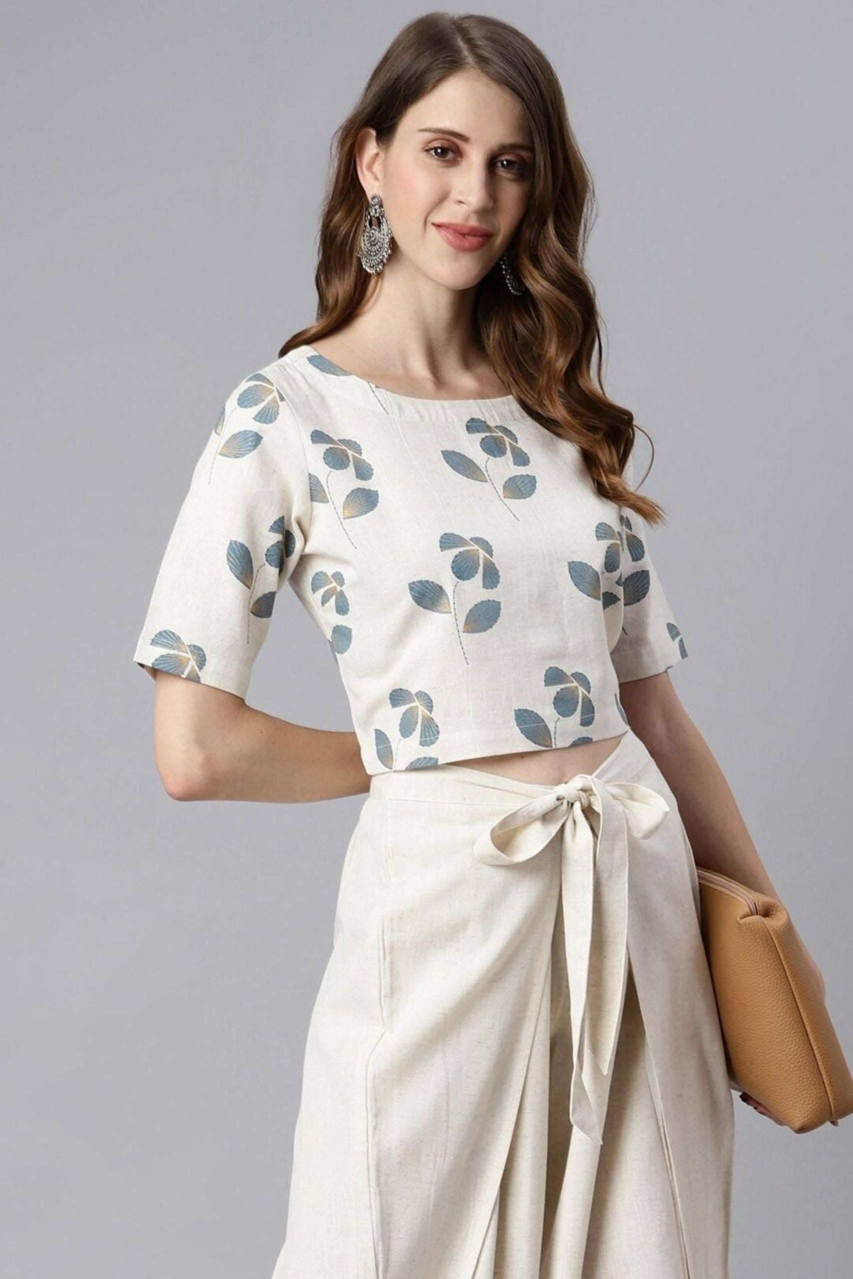 Cream Cotton Flex Floral Print Crop Top With Palazzo - Style Like A Diva