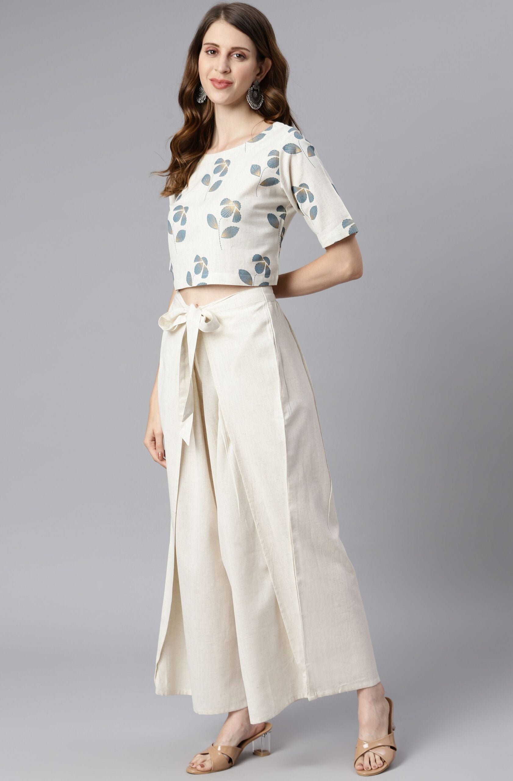 Cream Cotton Flex Floral Print Crop Top With Palazzo - Style Like A Diva