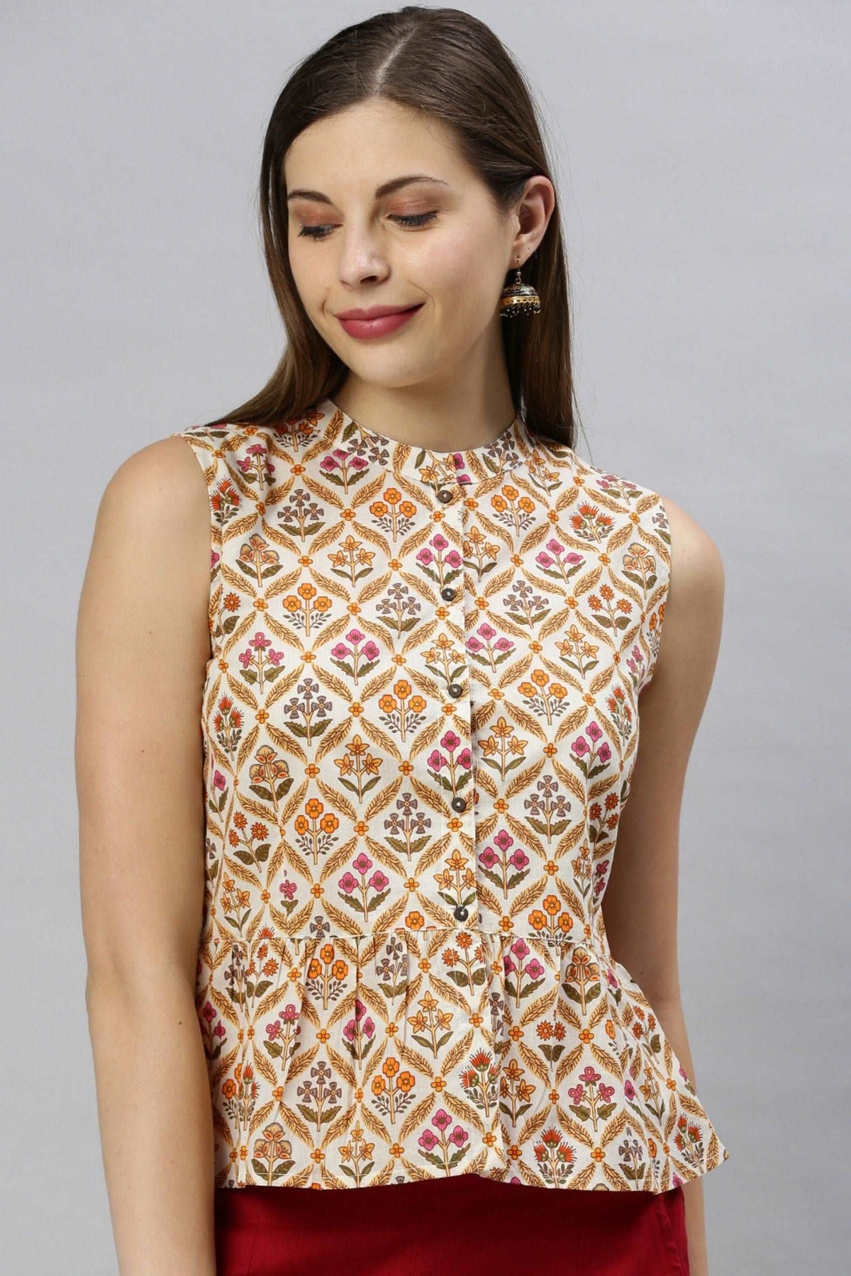 Cream Cotton Floral Print Designer Back Top - Style Like A Diva