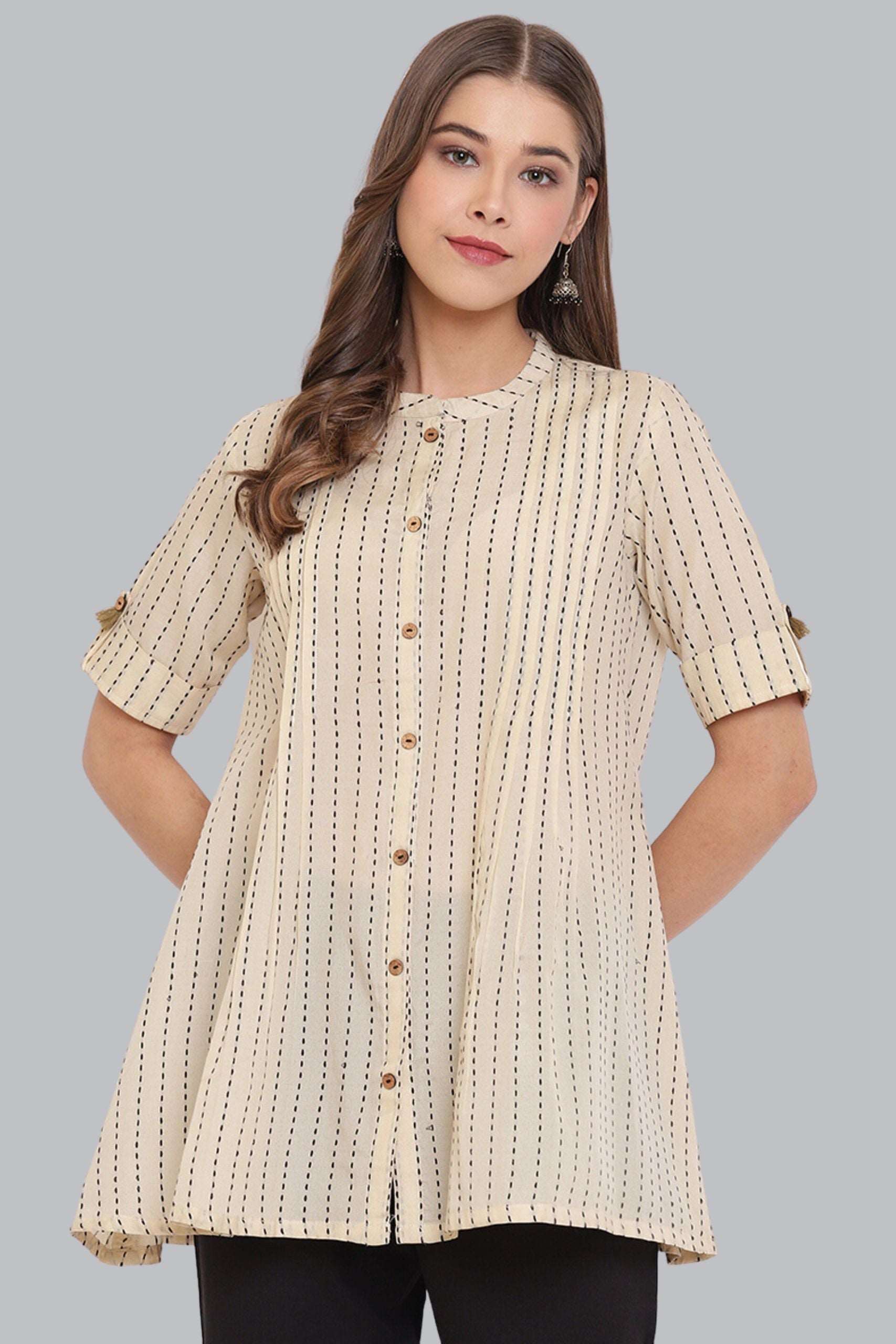 Cream Cotton Striped Pleated Top - Style Like A Diva