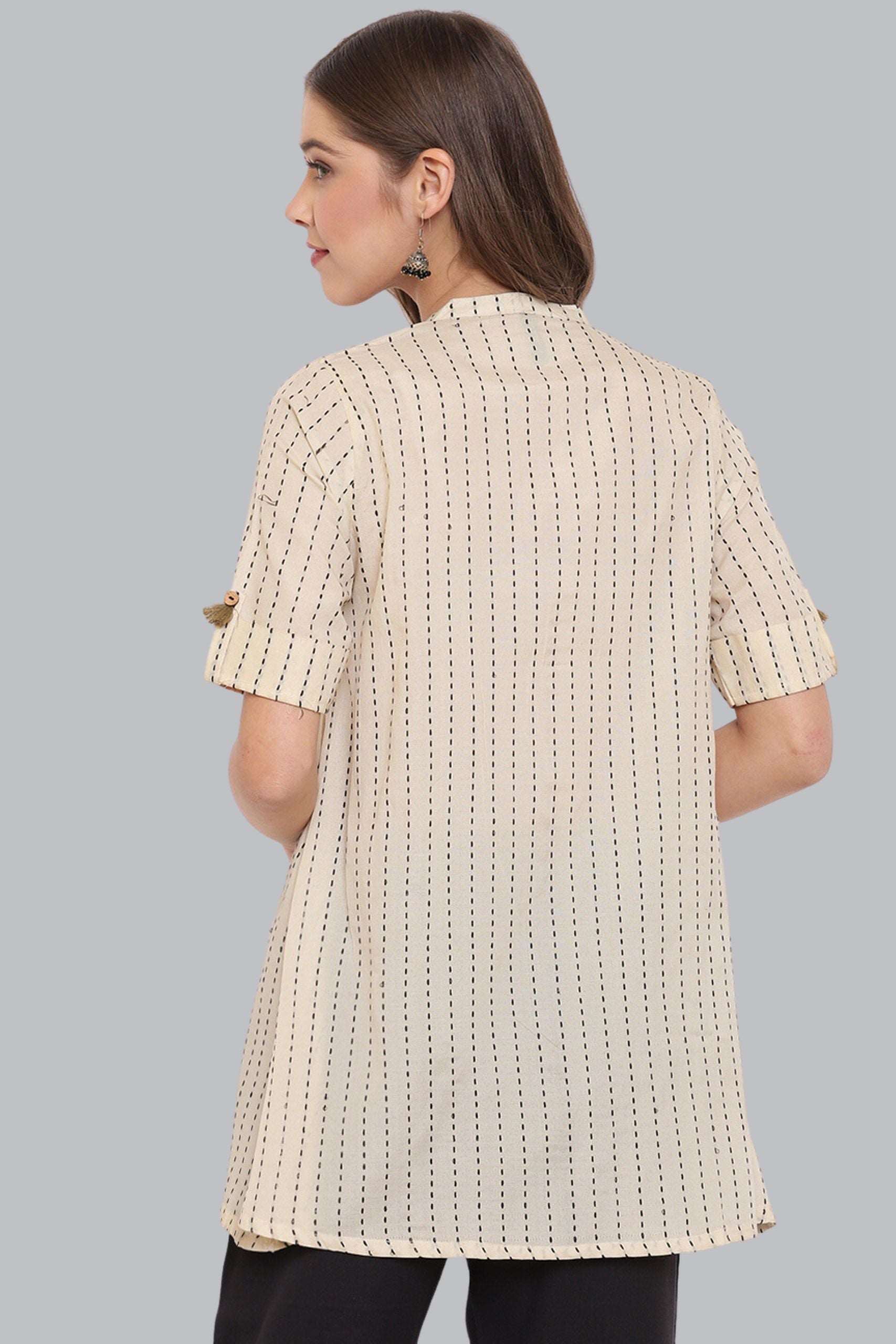 Cream Cotton Striped Pleated Top - Style Like A Diva