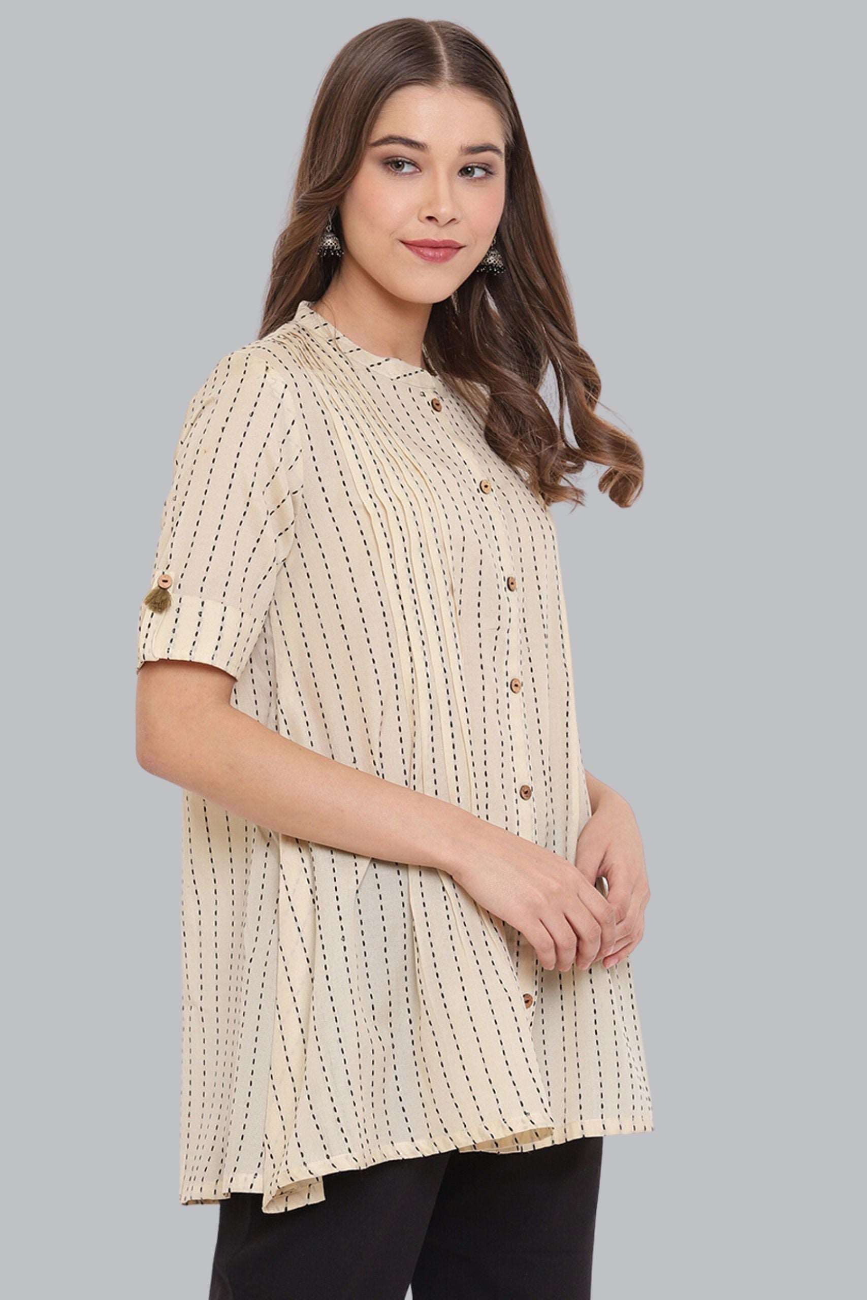 Cream Cotton Striped Pleated Top - Style Like A Diva