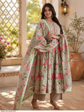 Ruhi Pista Green  Floral Printed Anarkali Suit Set with Dupatta