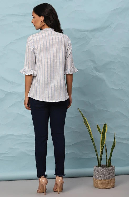 White Cotton Slub Striped Straight Top