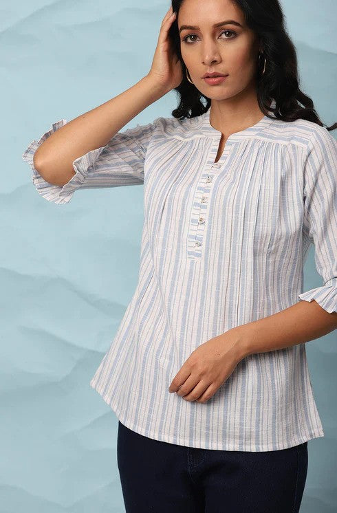 White Cotton Slub Striped Straight Top