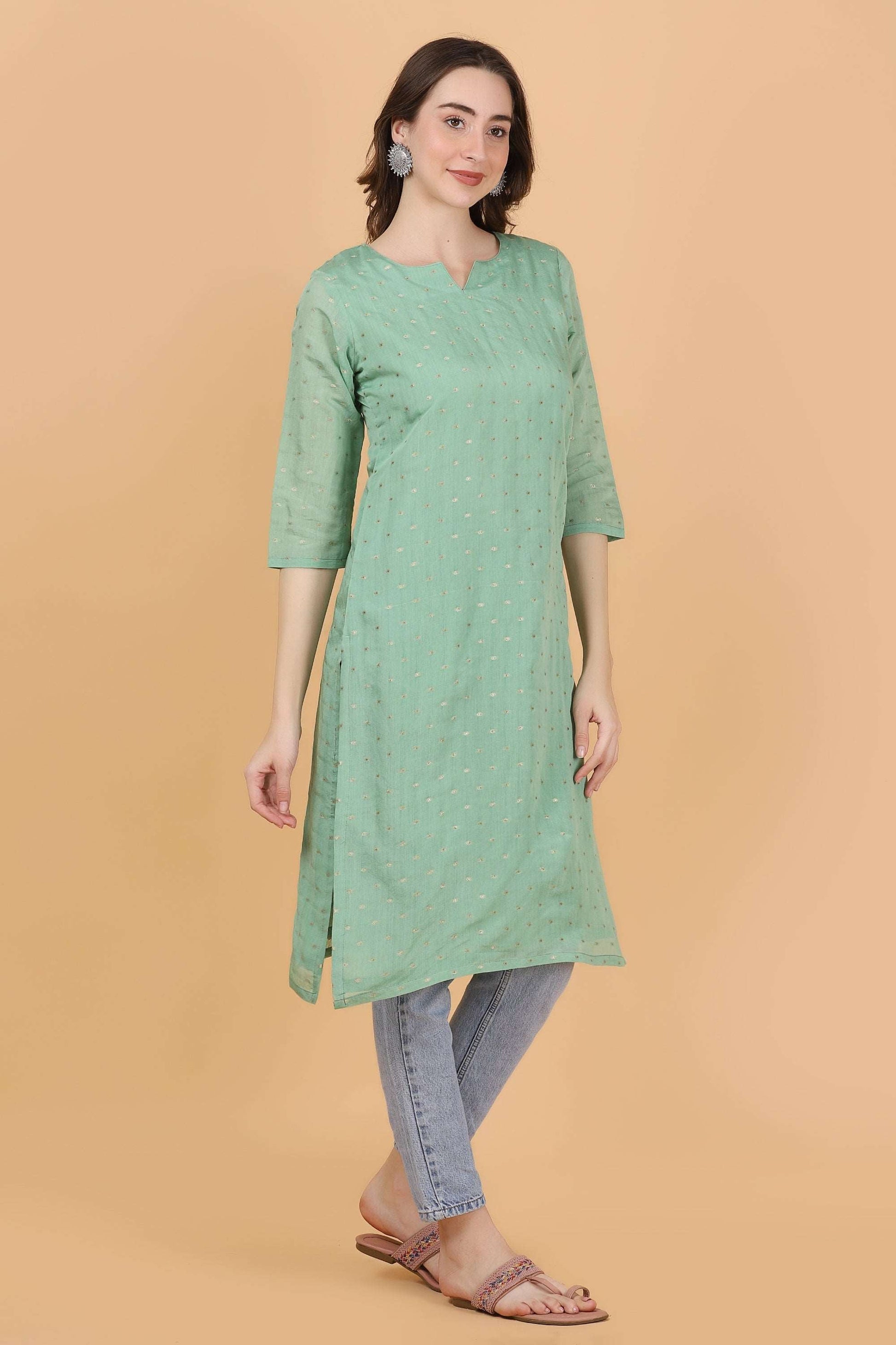 Green chanderi Jacquard Weave Kurti - Style Like A Diva