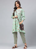 Green Cotton Floral Printed Kurta With Pant - Style Like A Diva