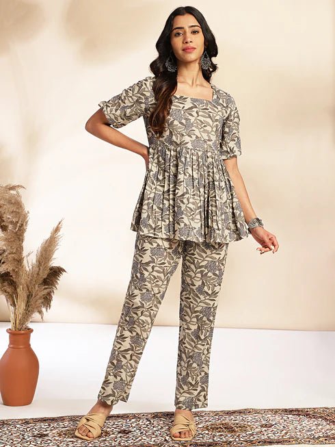 Grey Cotton Floral Co - ord Set - Style Like A Diva