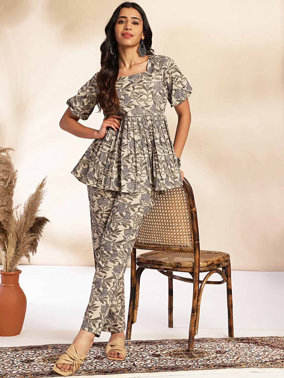 Grey Cotton Floral Co - ord Set - Style Like A Diva