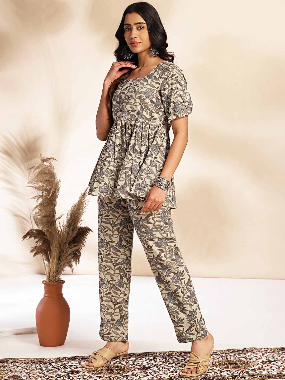 Grey Cotton Floral Co - ord Set - Style Like A Diva