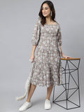 Grey Cotton Floral Print Flared Western Dress - Style Like A Diva