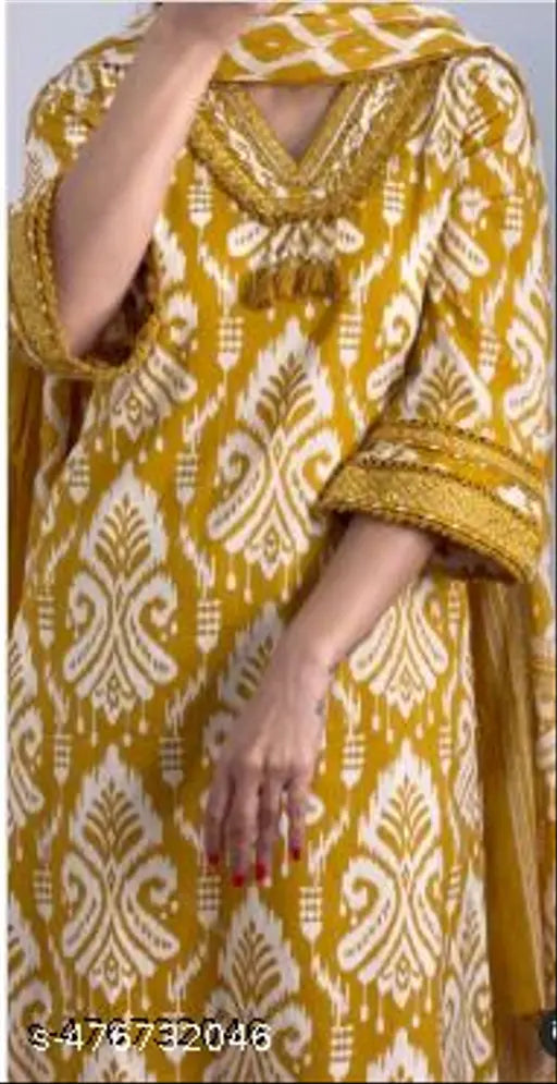 Yellow Ikkat Straight Printed V-Neck Kurti Pant with Dupatta Set