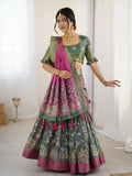 Green & Pink Kalamkari Tussar Silk Lehenga with Zari Border & Tassel Dupatta – Festive & Wedding Wear