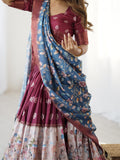 Wine Maroon Kalamkari Lehenga with Blue Floral Dupatta