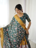 Bottle Green Kalamkari Flared Lehenga with Mustard Dupatta