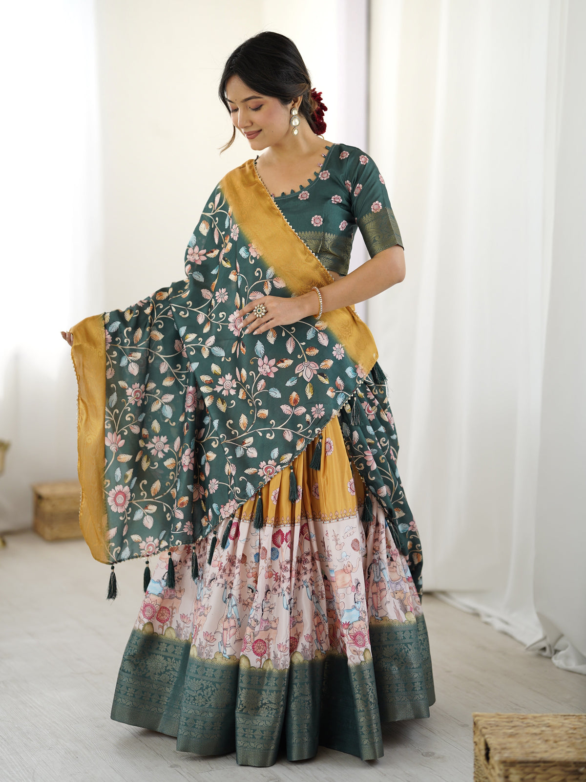 Bottle Green Kalamkari Flared Lehenga with Mustard Dupatta