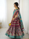 Wine & Teal Kalamkari Tussar Silk Lehenga with Zari Border & Tassel Dupatta – Festive & Wedding Wear