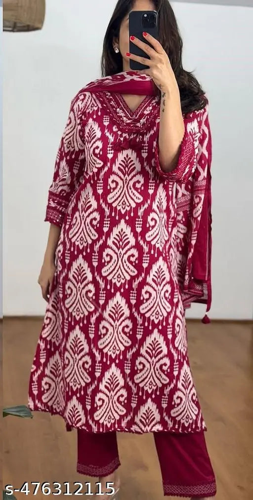 Ruby Red&nbsp; Ikkat Straight Printed V-Neck Kurti Pant with Dupatta Set