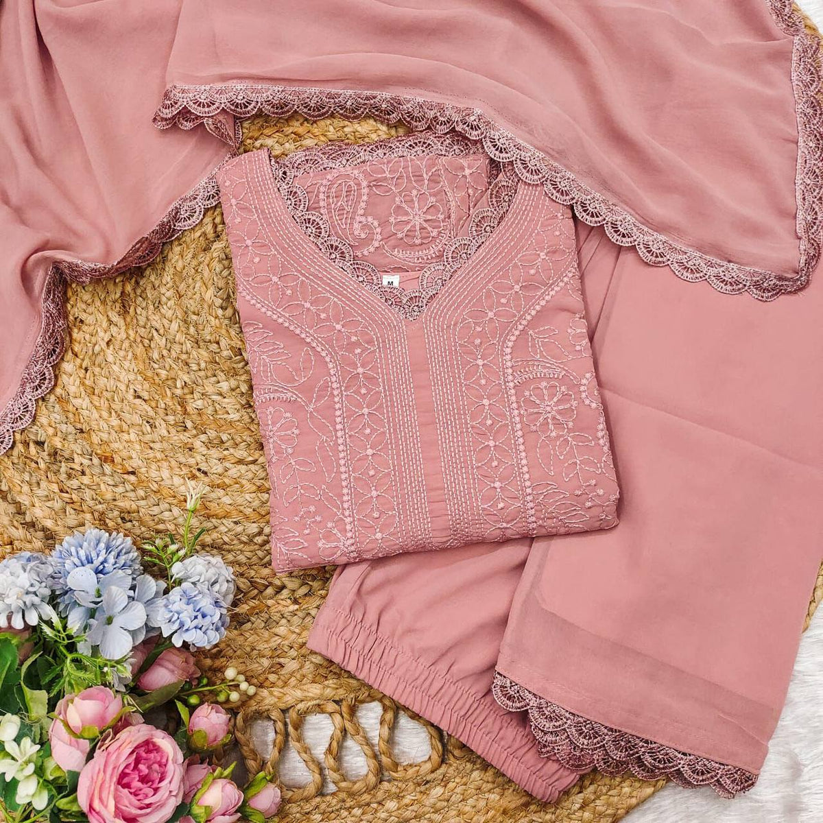 Pink chikankari embroidery 3 pic suit