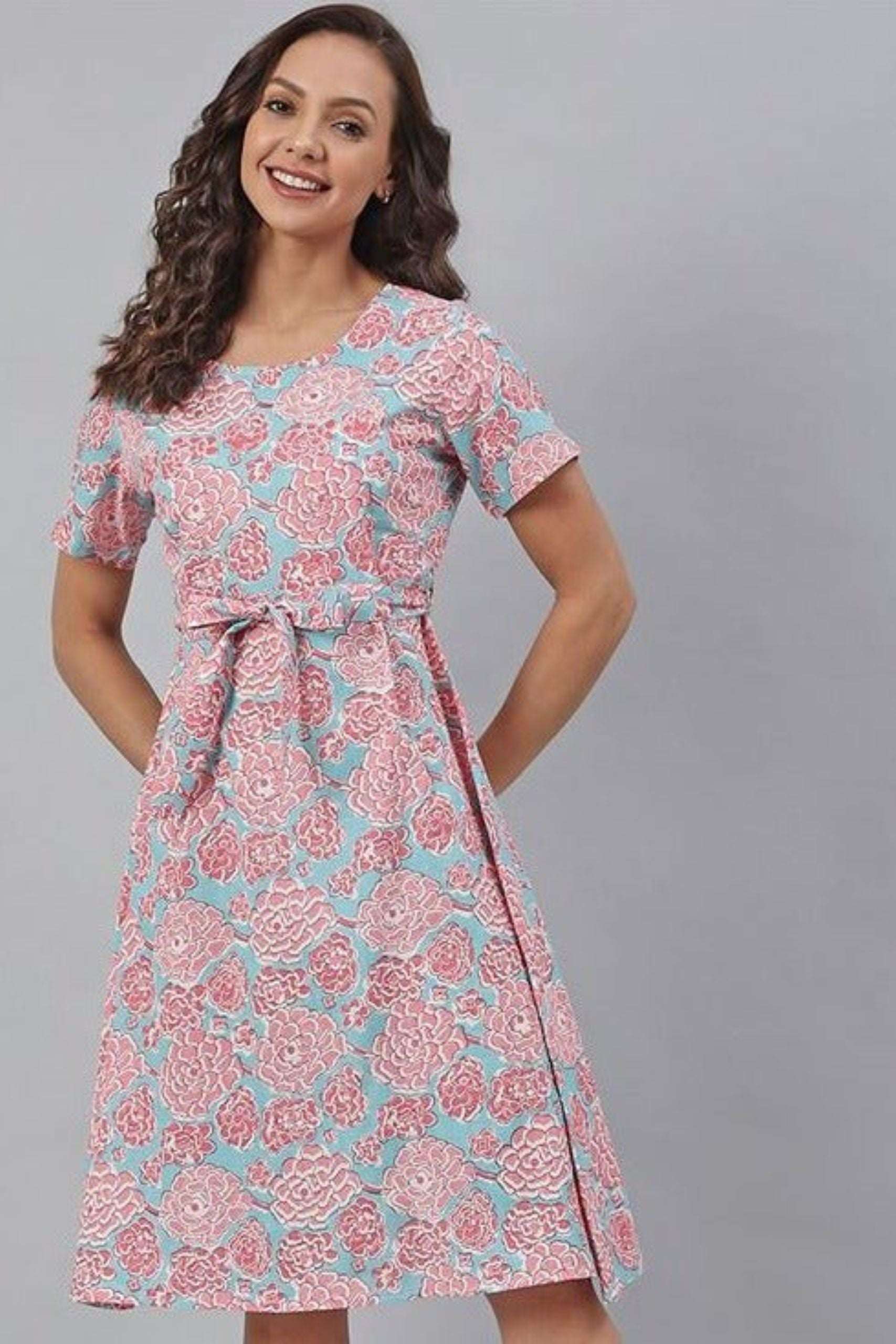 Light Aqua Blue Cotton Floral A - Line Western Dress - Style Like A Diva