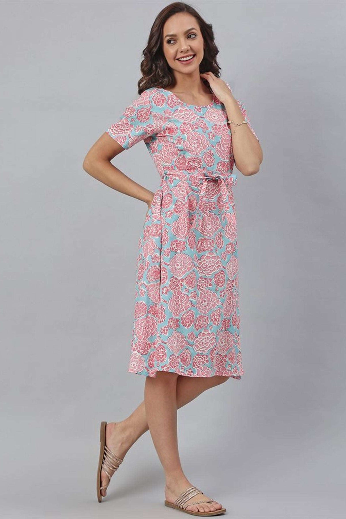 Light Aqua Blue Cotton Floral A - Line Western Dress - Style Like A Diva