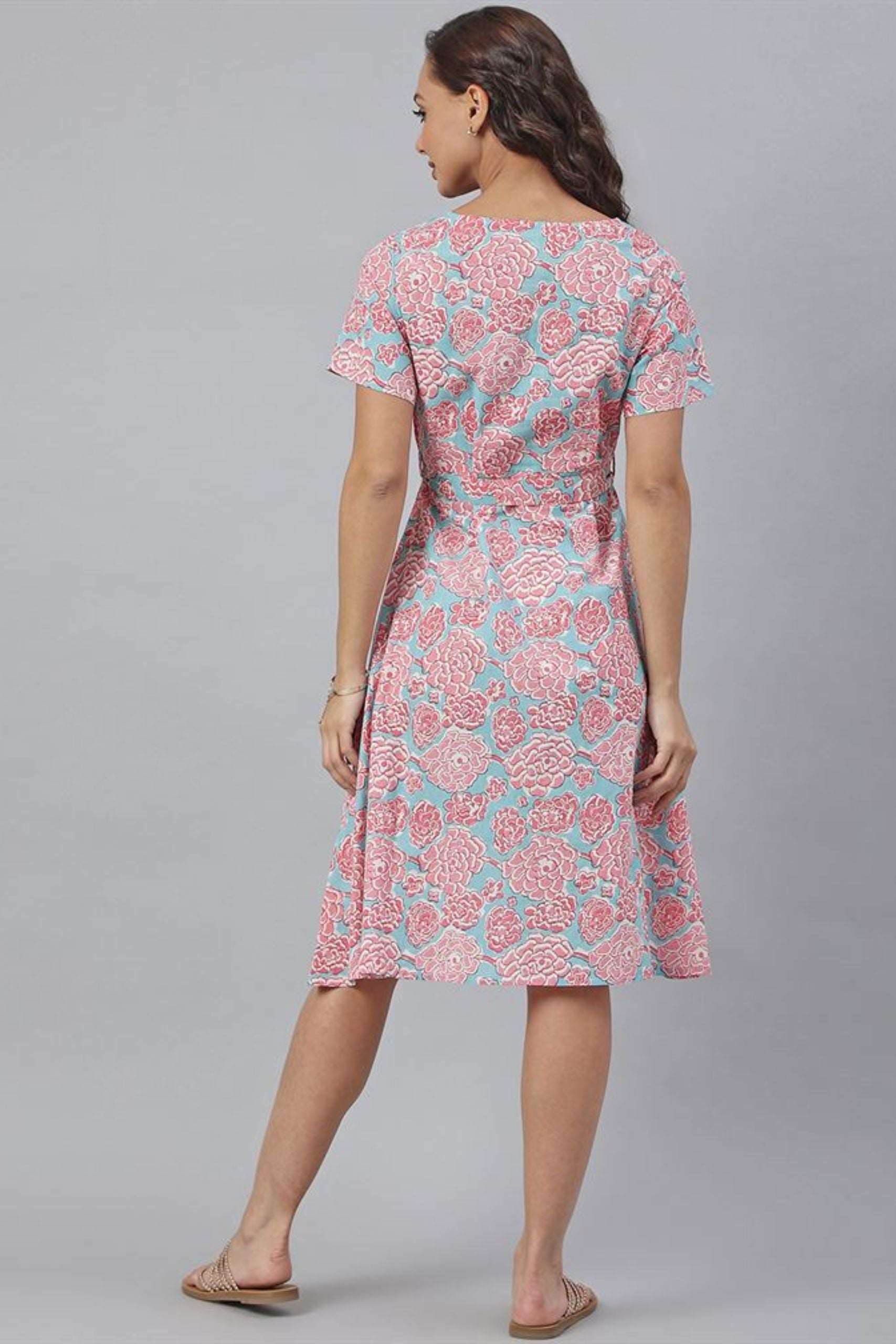 Light Aqua Blue Cotton Floral A - Line Western Dress - Style Like A Diva