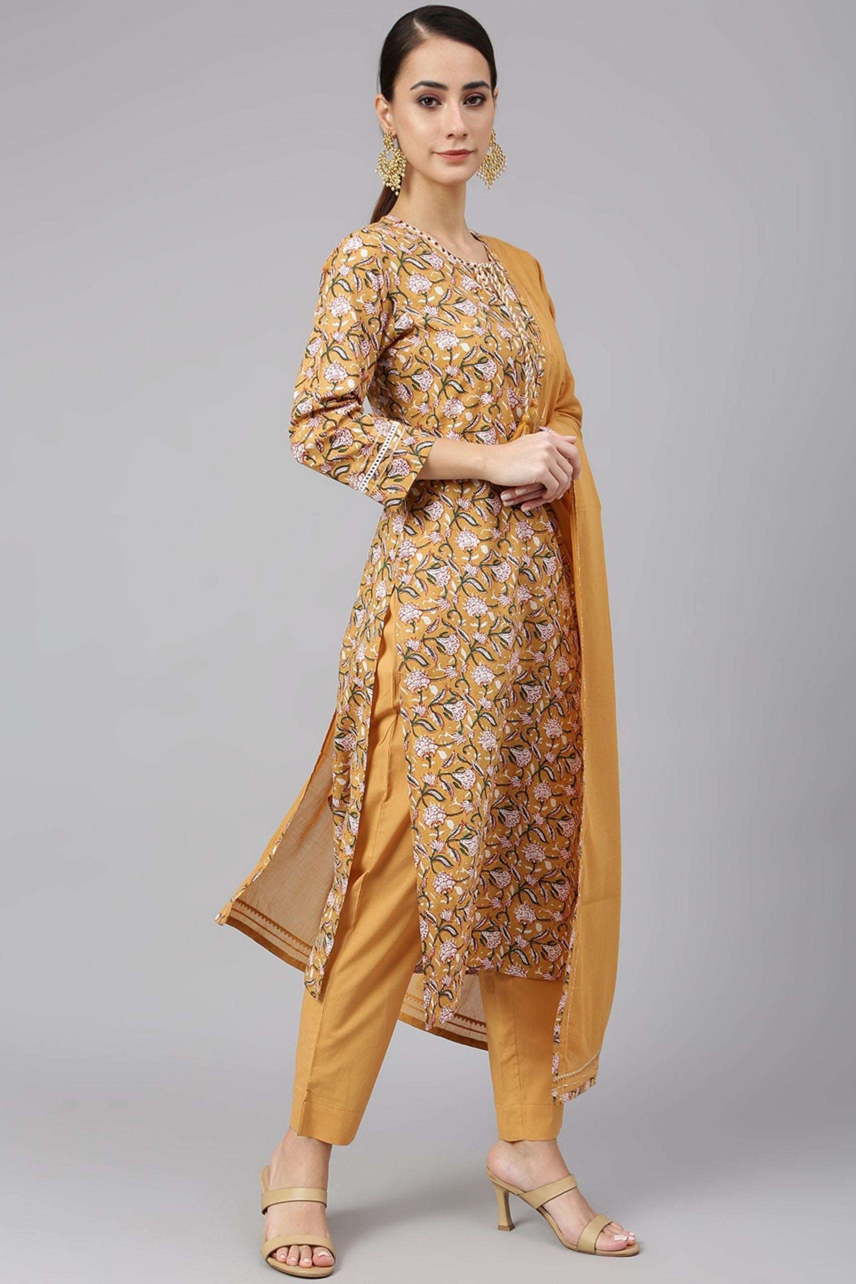 Light Brown Cotton Floral Print 3 Piece Set - Style Like A Diva