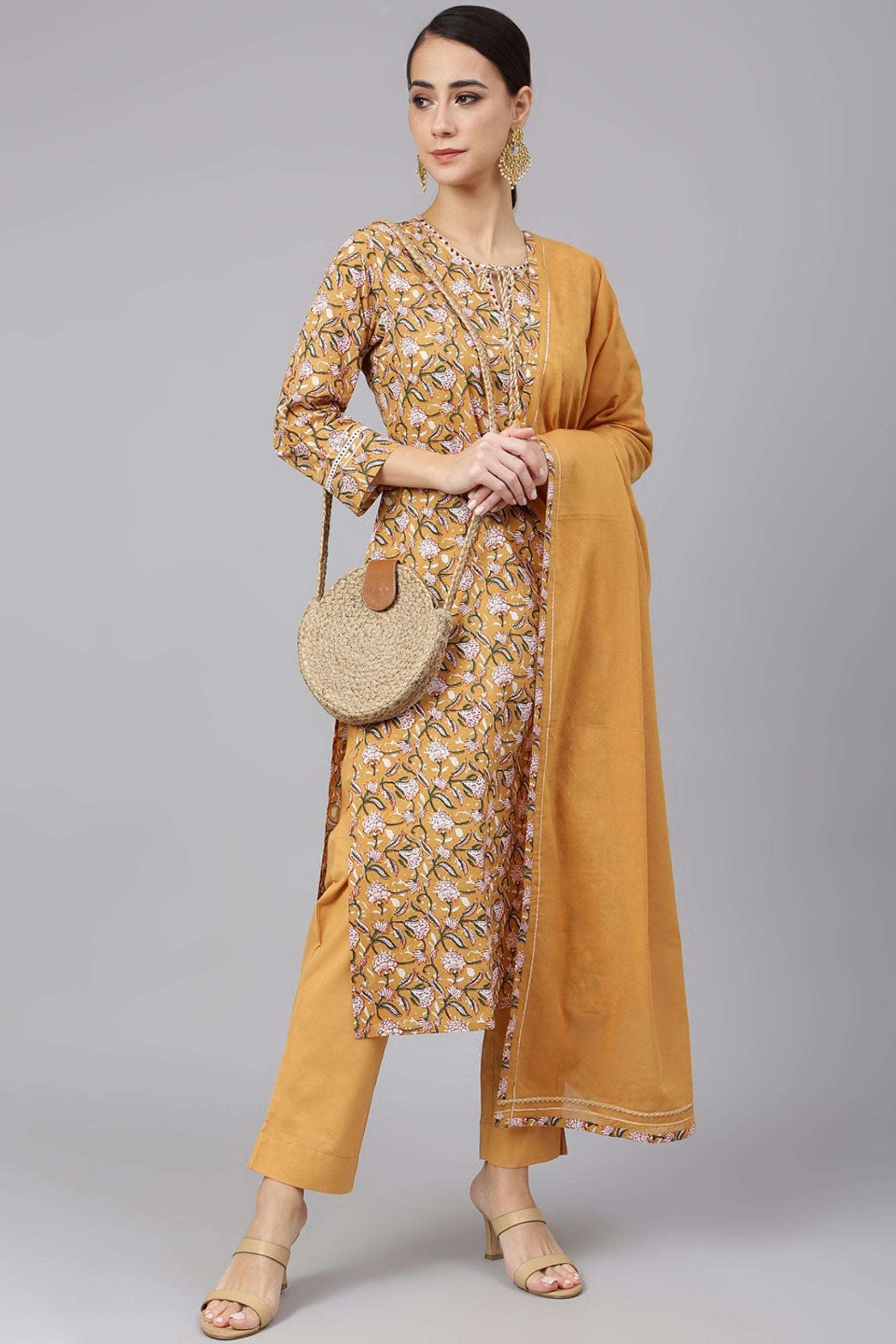 Light Brown Cotton Floral Print 3 Piece Set - Style Like A Diva