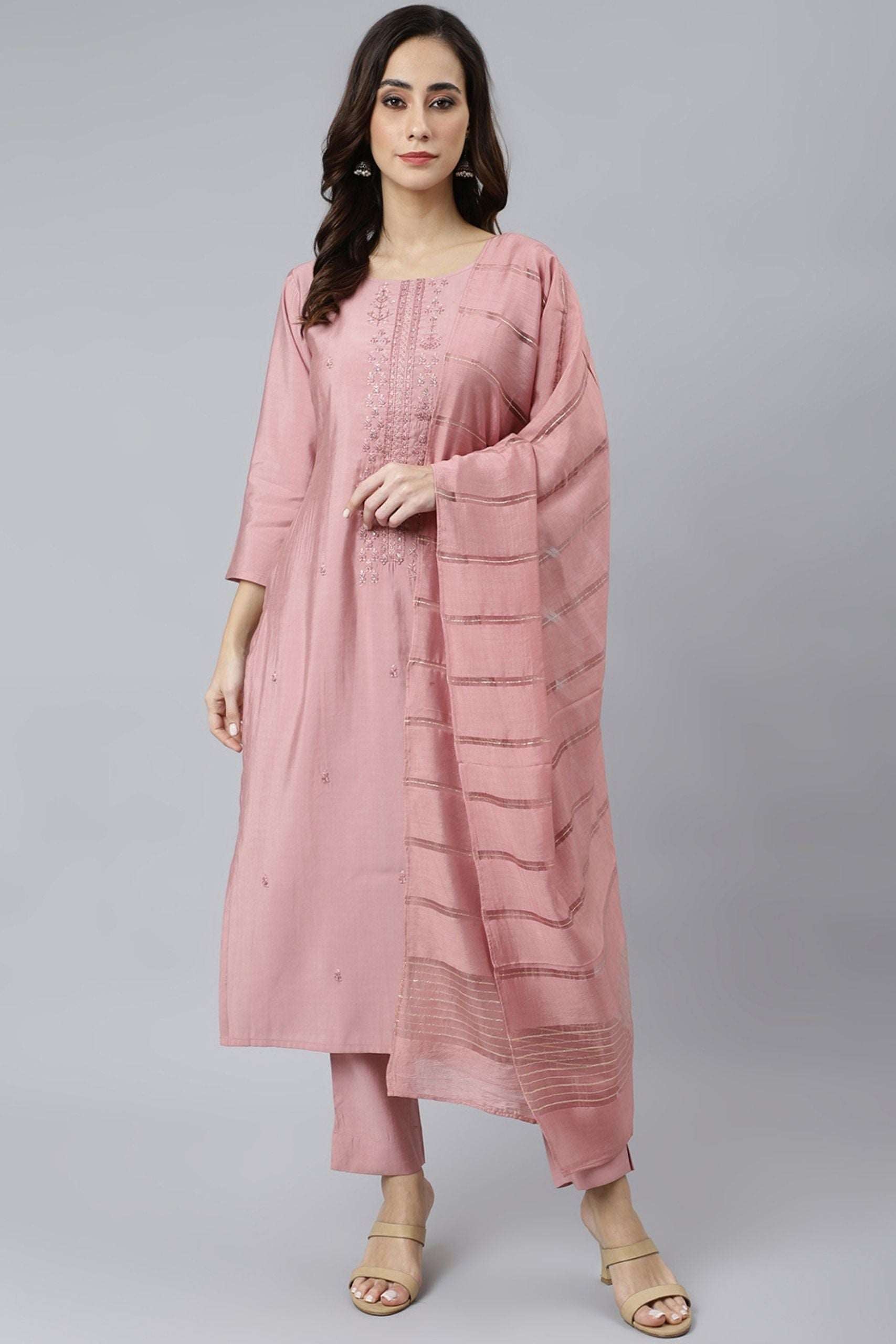 Light Pink Poly Silk Thread Work 3 Piece Set - Style Like A Diva