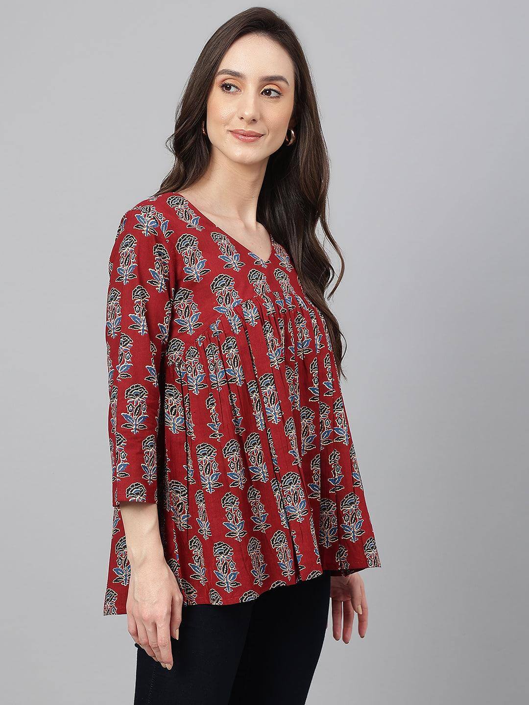 Maroon - Block - Print - Flared - Top - Style Like A Diva