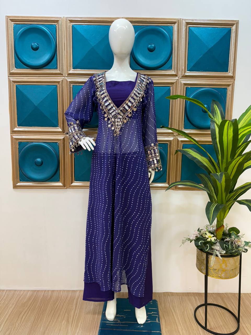Indo-Western 3-Piece Set –  Navy Blue Kurti, Blouse & Pant – Party Wear for Women