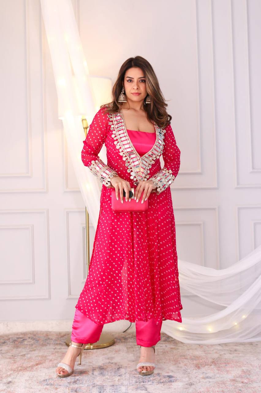 Bandhani Real Mirror Work Cord Set (pink)
