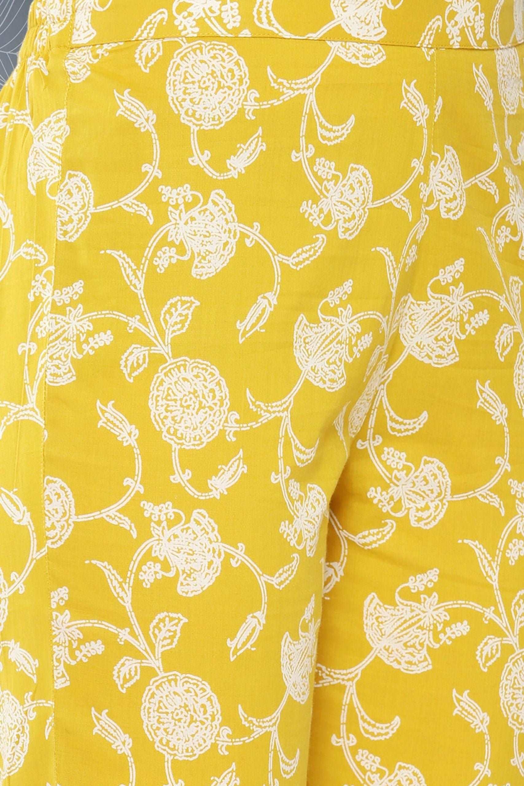 Mustard Cotton Floral Printed Tunic With Pant - Style Like A Diva