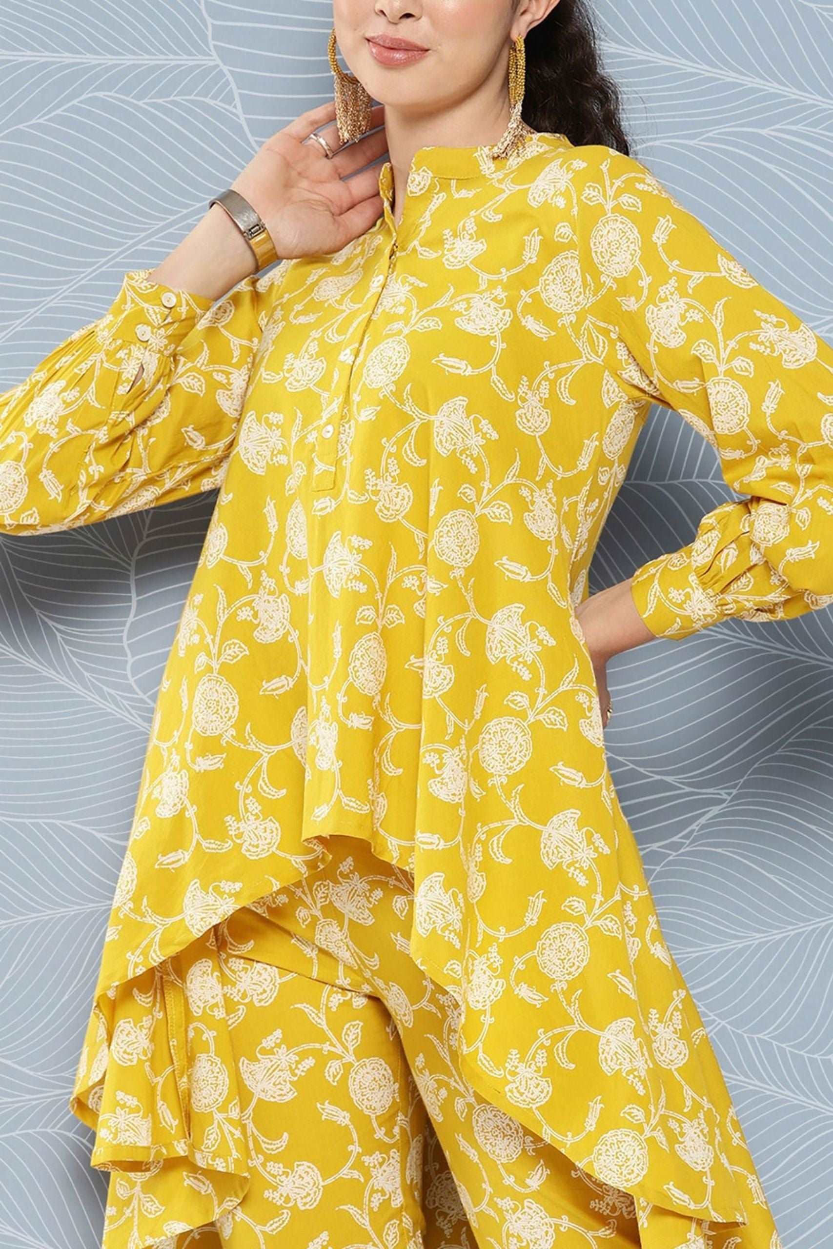 Mustard Cotton Floral Printed Tunic With Pant - Style Like A Diva